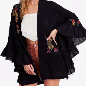 Free People Dottie West Fluted-sleeve Embroidered Woven Kimono In Black XS/S